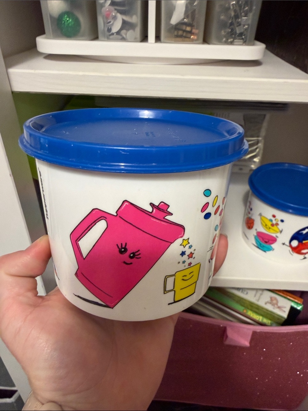 Tupperware White Snack Containers with Blue Lids and Colorful Cartoon Graphics - Picture 3 of 7